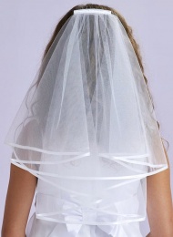 Girls White Two Tier Satin Edge Veil - Emily P101 by Peridot