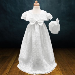 Baby Girls White Bow Flower Lace Long Gown & Bonnet