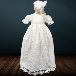 Baby Girls Ivory Diamante Embroidered Lace Christening Gown & Bonnet