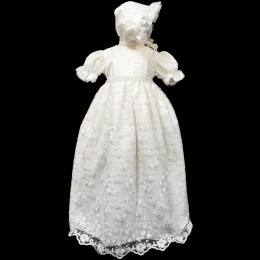 Baby Girls Ivory Diamante Embroidered Lace Christening Gown & Bonnet