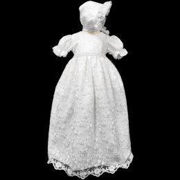 Baby Girls White Diamante Embroidered Lace Christening Gown & Bonnet