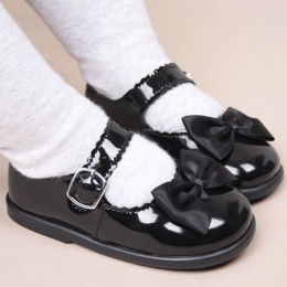 Girls Black Patent Satin Bow Special Occasion Shoes