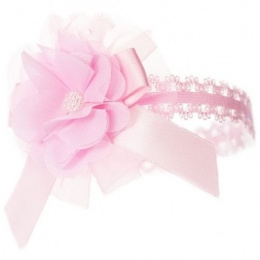 Baby Girls Pink Lace Headband with Flower, Bow & Bead Motif