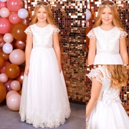 Emmerling White Lace Satin & Tulle Communion Dress - Style Henni