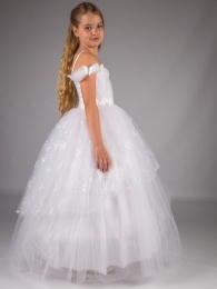 Girls White Bardot Style Glitter Tulle Butterfly Hoop Dress