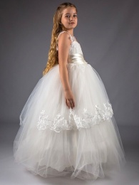 Girls Ivory Embroidered Lace Satin Belt Tulle Hoop Dress