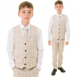 Milano Mayfair Boys Beige Check 4 Piece Slim Fit Suit