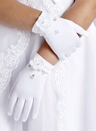 Girls White Flower Beaded Communion Gloves - Naomi P197 by Peridot