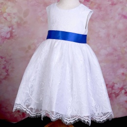 Girls White Fringe Lace Dress with Royal Blue Satin Sash