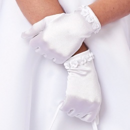 Girls White Applique Flower Communion Gloves - Kelly P213 by Peridot