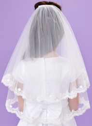 Girls White Two Tier Fringe Lace Veil - Abbie P251 by Peridot