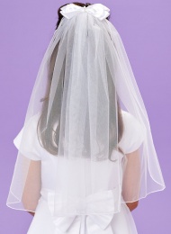 Girls White Large Satin Bow Tulle Veil - Fallon P252 by Peridot