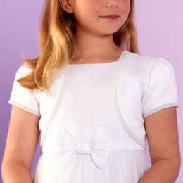 Girls White Beaded Duchess Satin Short Sleeved Bolero - Eileen P277 by Peridot
