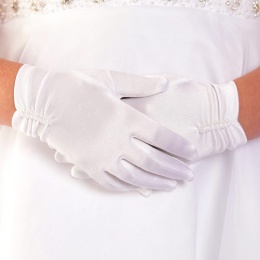 Girls White Pearl Ruched Communion Gloves - Agnes P281 by Peridot