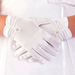 Girls White Flower Ruched Communion Gloves - Lois P282 by Peridot