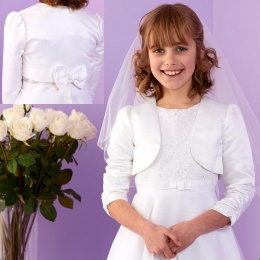 Girls White Bow Duchess Satin 3/4 Sleeve Bolero - Iris P284 by Peridot