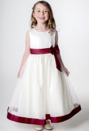 Girls Burgundy & Ivory Satin Bow Dress