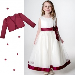 Girls Burgundy & Ivory Satin Bow Dress with Bolero Jacket