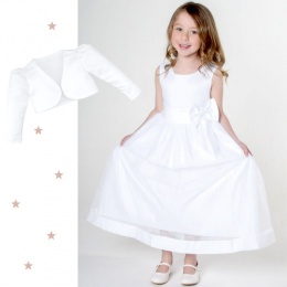 Girls White Satin Bow Dress with Long Bolero Jacket