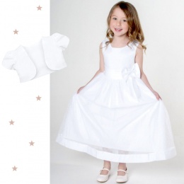 Girls White Satin Bow Dress with Short Bolero Jacket