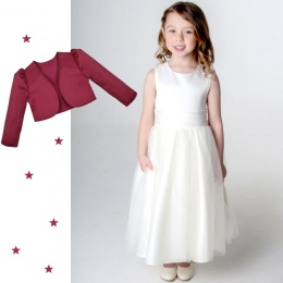 Girls Ivory Diamante Organza Dress with Burgundy Bolero Jacket