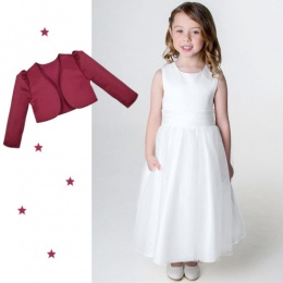 Girls White Diamante Organza Dress with Burgundy Bolero Jacket