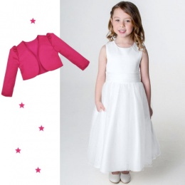 Girls White Diamante Organza Dress with Cerise Bolero Jacket