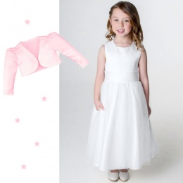 Girls White Diamante Organza Dress with Pink Bolero Jacket