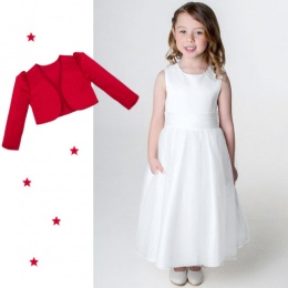 Girls White Diamante Organza Dress with Red Bolero Jacket