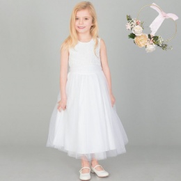 Girls White Diamante & Organza Sash Dress