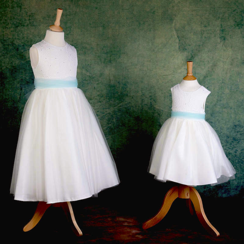 Girls Ivory Diamante & Organza Dress with Aqua Sash