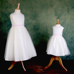 Girls Ivory Diamante & Organza Pink Sash Dress