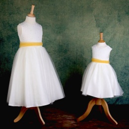 Girls Ivory Diamante & Organza Dress with Belle Yellow Sash