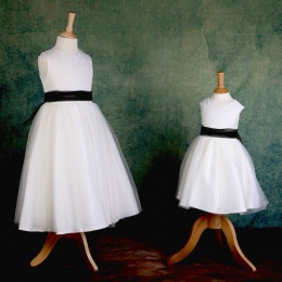 Girls Ivory Diamante & Organza Dress with Black Sash