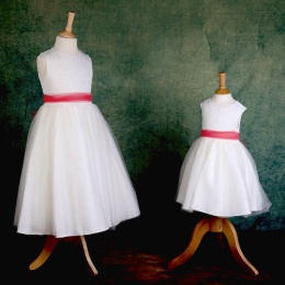 Girls Ivory Diamante & Organza Dress with Coral Sash