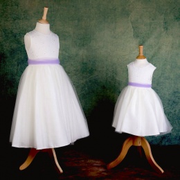 Girls Ivory Diamante & Organza Dress with Lilac Sash