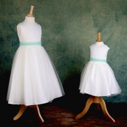 Girls Ivory Diamante & Organza Dress with Mint Sash