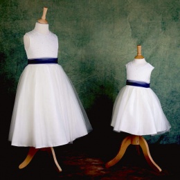 Girls Ivory Diamante & Organza Navy Sash Dress