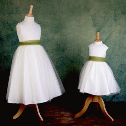 Girls Ivory Diamante & Organza Dress with Olive Sash