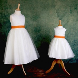 Girls Ivory Diamante & Organza Dress with Orange Sash