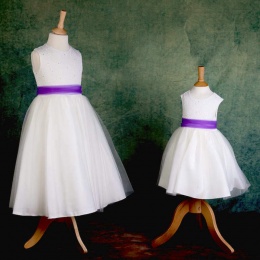 Girls Ivory Diamante & Organza Dress with Purple Sash