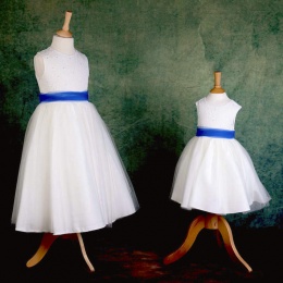 Girls Ivory Diamante & Organza Dress with Royal Blue Sash