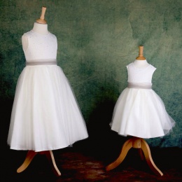 Girls Ivory Diamante & Organza Dress with Silver Sash