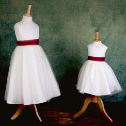 Girls Ivory Diamante & Organza Dress with Wine Sash