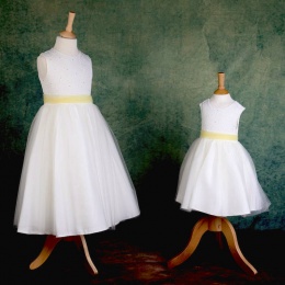 Girls Ivory Diamante & Organza Dress with Lemon Sash