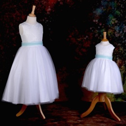 Girls White Diamante & Organza Dress with Aqua Sash
