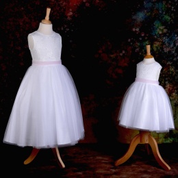 Girls White Diamante & Organza Pink Sash Dress