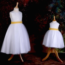 Girls White Diamante & Organza Dress with Belle Yellow Sash