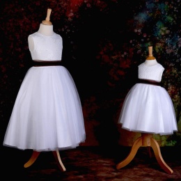 Girls White Diamante & Organza Dress with Brown Sash
