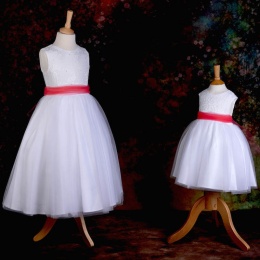 Girls White Diamante & Organza Dress with Coral Sash